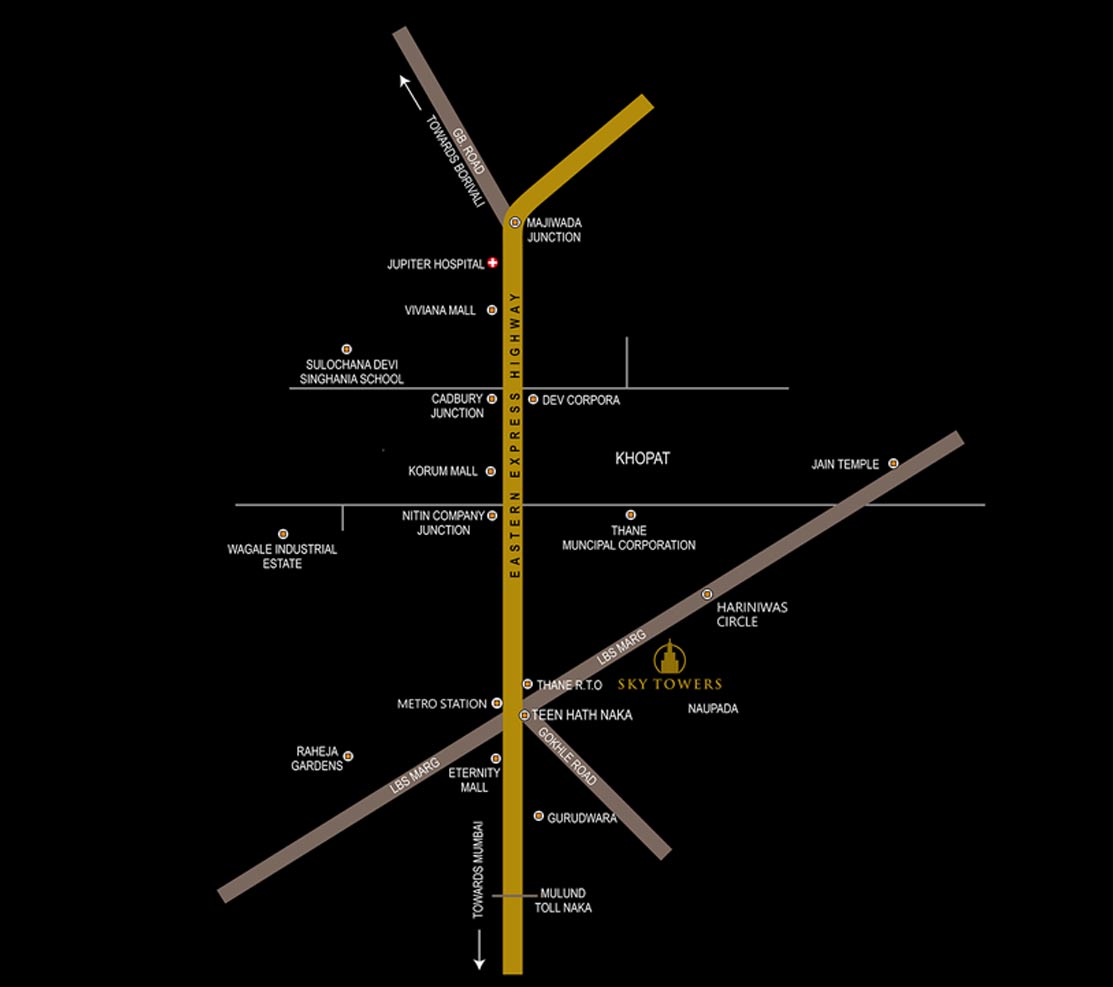 Location map of Highland Sky Towers near Teen Haath Naka, Thane, showing nearby roads and landmarks